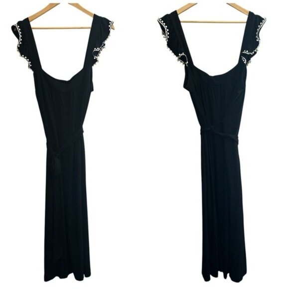 Loft Elegant Midi belted Black Dress with white Embellished Sleeves Size XL - Picture 1 of 9